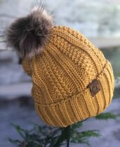 Mustard Vertical Knit Cozy Lined Pom Hat