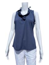 Gretchen Navy Solid Ruffle V-Neck Top