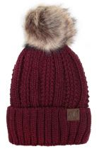 Maroon Vertical Knit Cozy Lined Pom Hat