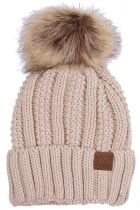 Natural Vertical Knit Cozy Lined Pom Hat