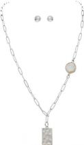 Silver Pearl Accent Square Drop Necklace