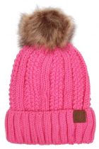 New Candy Pink Vertical Knit Cozy Lined Pom Hat